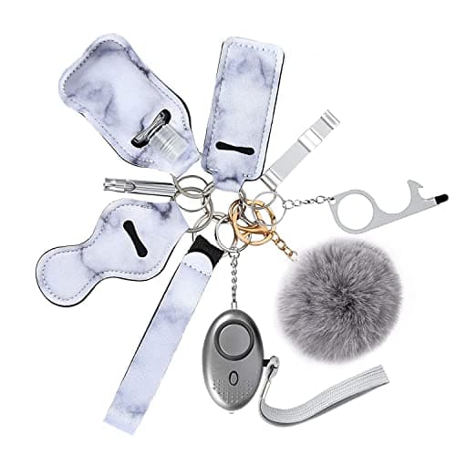Flymind Safe Keychain Set for Girls with Personal Safety Alarm, Hand Sanitizer Holder, Whistle and Pom