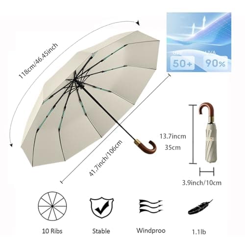 Luxurious Travel Folding Umbrella with Crook Real Wooden J Handle for Men/Portable /Automatic Open/Close Coating Layer Fabric Blocking/Rain Sun/Anti UPF 50 UV Protection 99.9%/Golf/Car Backpack — view 2