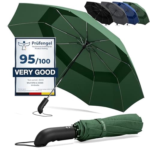 Umbrella Windproof Compact - Strong Storm Proof Frame + Auto Open Close | Women Mens Lightweight Small Travel Folding Golf Brolly + Double Canopy, Ergonomic Handle | Water Resistant Teflon Green