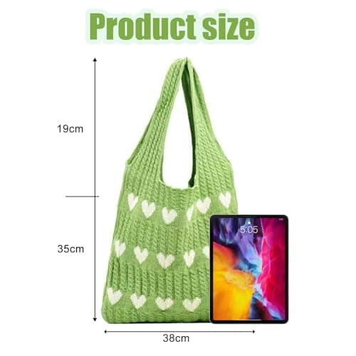 Crochet Tote Bag, Women Knitted Handbags, Mesh Beach Bag, Beach Bag for Women, Retro Crochet Mesh Beach Tote Bag, Boho Shoulder Bag for Holiday Daily Work Shopping Travel(Green+White) — view 4