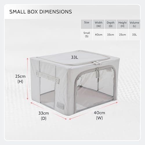 Periea Beau 2 Pack Storage Boxes 33L (40x33x25cm) – Collapsible Stackable Fabric Organisers Storage Bags with Steel Frame, Front Window & Top/Front Zip Access – (Grey) — view 6