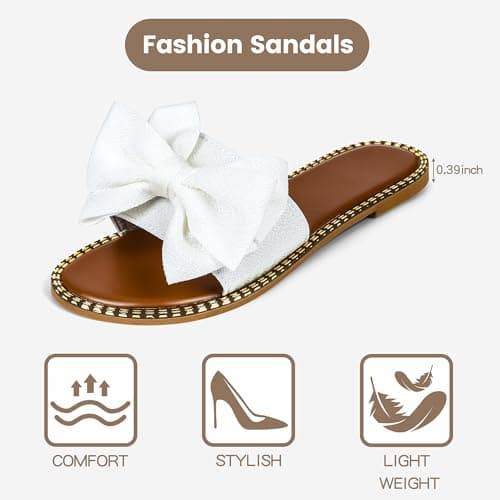 Sksshion Women's Bow Knot Slides Open Toe Flat Sandals Summer Slip On Slippers White 6 — view 4