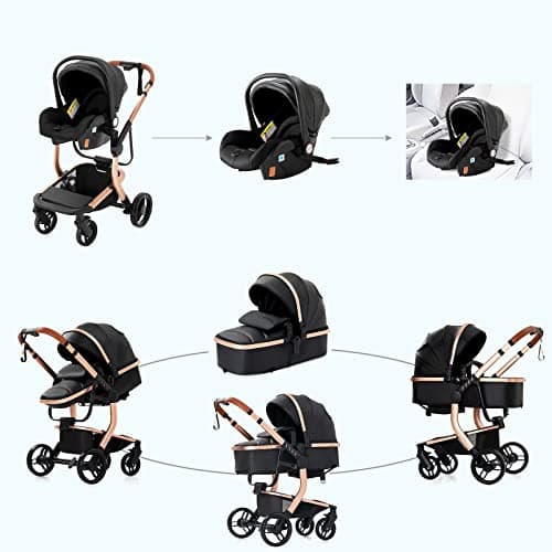 Magic ZC PU Leather 3 in 1 Pushchair Pram Travel System, Baby Stroller 3 in 1 with Reversible Two Pushing Modes, Newborn Infant Carriage One-Click Folding, Toddler Buggy Aluminum Frame (Black 518) — view 4