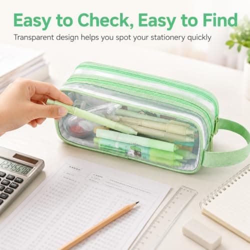 Large Clear Mesh Pencil Case, 2 Compartments, Mint Green, Carry Strap — view 6