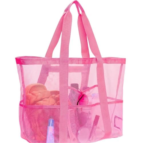Jenck Large Mesh Beach Tote Bag, Oversized Swim Bag with Multiple Pockets, Portable Quick Dry Sandproof Pool Tote for Travel Gym Vacation, Rose