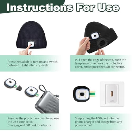 livager 4Pcs USB Rechargeable Light for LED Beanie Hat Strong Medium and Weak 3 Brightness Modes Hands-Free Flashlight for Men Dad Father Outdoor Work Camping Fishing Walking Night Running Black — view 5