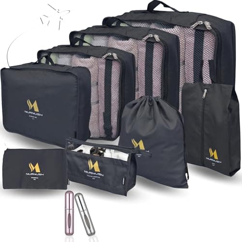 Murmush Black Packing Cubes for Suitcases [8-Pcs + 2 Perfume Atomizers], Eco-Friendly Travel Packing Cubes for Backpack with YKK Zips, Durable 300D Oxford Fabric, travel cubes for suitcases