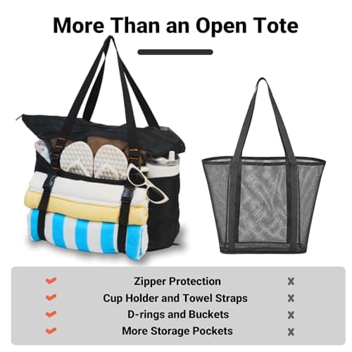 kokkoya Black 40L Large Mesh Beach Bag with Zip for Family Pool & Travel — view 6