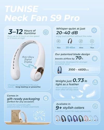 TUNISE Neck Fan, Personal Fan with LED Display, USB-C Rechargeable, 4000mAh-Battery, 3-Speed Adjustment & Whisper-Quiet Operation, Perfect for Home, Travel, Sports — view 2