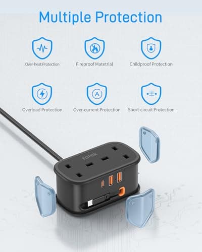 Travel Extension Lead, FDTEK 2 Way Power Strip with Retractable USB C Cable and 3 USB Slots, Small UK Extension Socket with 1.5M Cable for Travel Home Office Camping Cruise — view 6