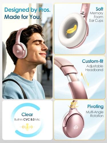 INFURTURE H1 Active Noise Cancelling Headphones, 90H Playtime, Wireless Over Ear Bluetooth Headphones, Foldable Lightweight Headset Deep Bass,Memory Foam Ear Cups,Travel,Office,USB-C Charging — view 6