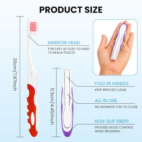 2Pcs Folding Toothbrush, Portable Travel Toothbrush Set, Lightweight Soft Tooth Brush for Travel, Camping, Hiking, Office (Purple & Red) — view 3