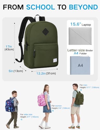 Kasgo 17.3L Lightweight School Backpack for Teens & Tweens, Green — view 2
