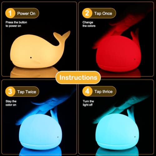 LOVERUIS Whale Night Light Children, 7 Colour Changing LED Portable Touch Baby Lamp, USB Rechargeable Silicone Animal Night Light for Children Nursery Toddler Girls Birthday Gift Room Decor (Whale) — view 5