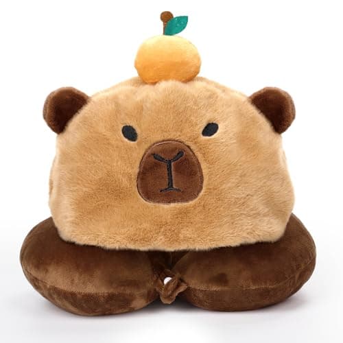 Capybara U-Shaped Travel Pillow with Hood - Plush Neck & Chin Support Headrest, Soft Animal Pillow for Airplane, Train, Car, Office Sleep