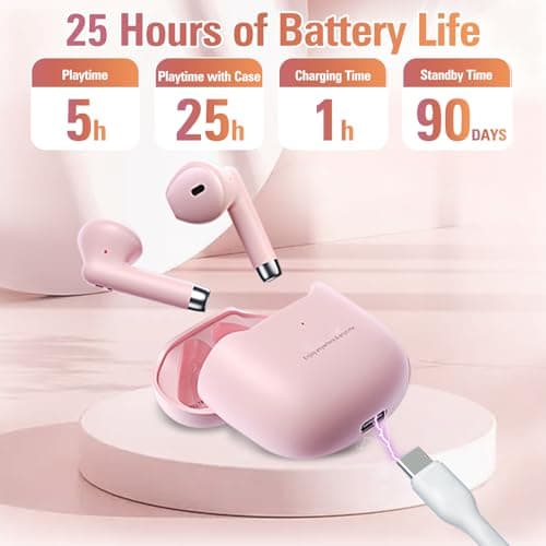 Pink True Wireless Earbuds Bluetooth 5.3 with Microphone for Working Out Noise Canceling Blue Tooth Ear Buds Deep Bass TWS Wireless Earphones with Charging Case in Ear Headphone for iPhone Android — view 6