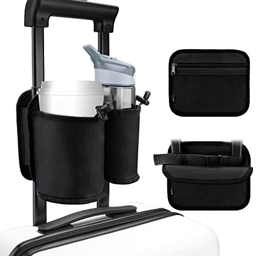 WALNEW Luggage Travel Cup Holder, Hands-free Drink Caddy Attachment Drinks Carrier for Drink Beverages Coffee Mugs fits Roll on Suitcase Handles Travel Accessories Black