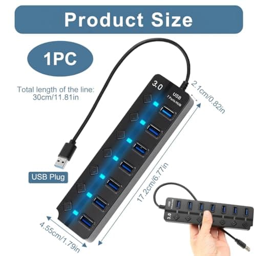 7-Port USB 3.0 Hub Multiport Splitter with Individual Switches and Lights — view 2