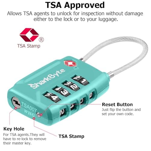SharkByte TSA Approved Suitcase Locks - 4-Dial Security Travel Combination Padlock, Flexible Cable Wire Travel Lock for Suitcases, Luggage Locks, Travel Bag Gym Locker Small PadLock with code (2 Pack) — view 2