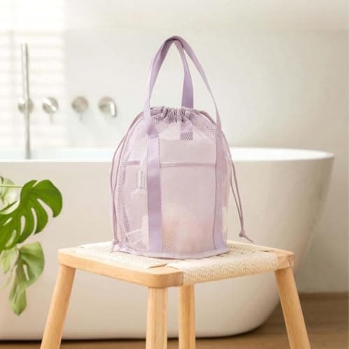 Mesh Shower Caddy Portable Hanging Bag with Drawstring & External Pocket, Sandproof Travel Beach Tote for Gym Camping Dorm College, Bathroom Toiletry Organizer for Men Women (Purple) — view 3