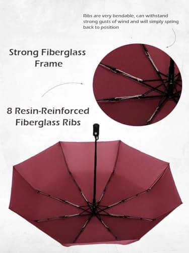 Windproof Travel Umbrella - Compact, Light, Full Automatic Open/Close - Folding Backpack Umbrella for Rain & Sun UV Preotection For Men & Women, Unbreakable 8 Fiberglass Ribs UK Design (Burgundy) — view 4