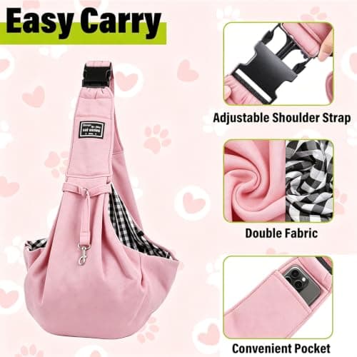 Puppy Carrier - Reversible Hands-free Dog Carry Sling for Small & Medium Dogs & Cats, Soft & Comfortable, Adjustable Dog Carrier Bag Shoulder Tote for Outdoor Walking, Travel & Shopping (Pink) — view 3