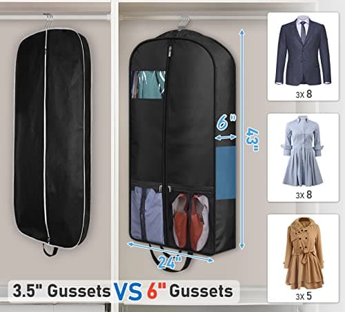 MISSLO 43" Heavy Duty Suit Bag Cover for Travel 6" Gusseted Suit Carriers for Men Women with 4 Handles and Pockets Hanging Garment Bag for Shirts, Coats, Dresses, Clothes — view 4