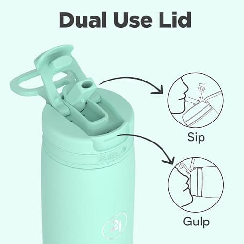 Fuel24 Duo - Stainless Steel Water Bottle 700ml or 1L - Vacuum Insulated Metal Flask with Straw (Dual use Lid) 1 Litre - for Sports, Gym, Work – Slim Design (Mint, 700 ml) — view 2
