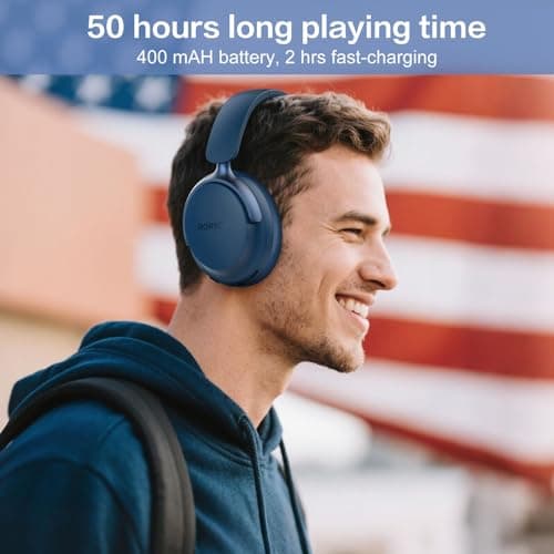 RORSOU B8 Bluetooth Headphones Over Ear, 6 EQ Music Modes and 50H Playtime Deep Bass Wireless Headphones with Mic, Lightweight Folding HiFi Stereo Headset for iPad/Travel/Tablet/PC/Home Blue — view 6