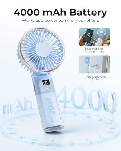 TUNISE Portable Fan, Rechargeable Handheld Fan, 4000mAh, 180° Adjustable, 6 Speed Wind, Display Electricity in Real Time, Foldable, Quiet Personal Fan as Power Bank — view 4