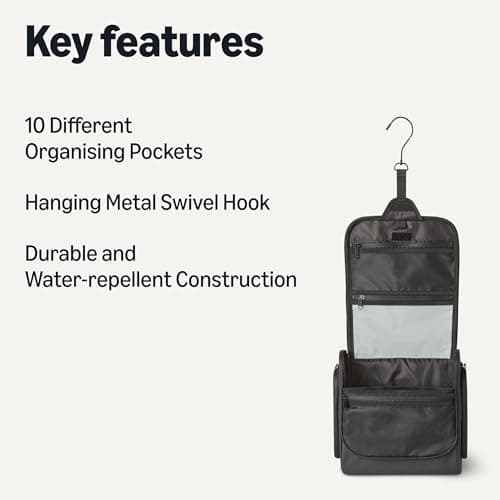 Amazon Essentials Travel Toiletry Bag with Hanging Hook - Portable Cosmetic Case, Large Capacity Door Room Essentials Travel Organizer for Full Sized Cosmetics and Toiletries, 25.4 cm, Black — view 2