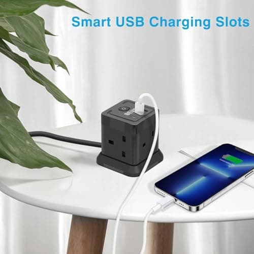 Extension Lead Cube 3M With USB Slots, BEVA 4 Way Extension Socket With 3 USB Ports, Power Strip With Switch Multi Plug Extension with 3 Metre Long Cable For Home Travel Office Dorm-Black… — view 2