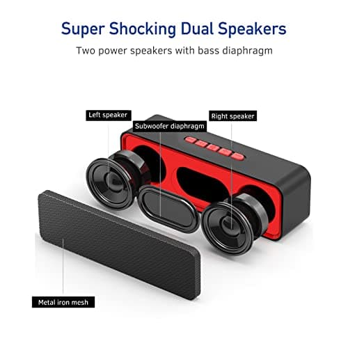 Sonkir Portable Wireless Speaker, Wireless 5.0 Mini Speaker with 3D Stereo Hi-Fi Bass, Built-in 1500 mAh Battery, Support TF Card and AUX (Red) — view 2