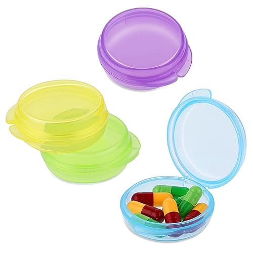 WLLHYF Small Pill Box, Cute Pill Case Portable for Pocket Purse Daily Round Mini Pill Organizer Travel Pill Case Medicine Storage Container Earplug Case 4 Pack (4pcs-Blue/Yellow/Green/Purple)