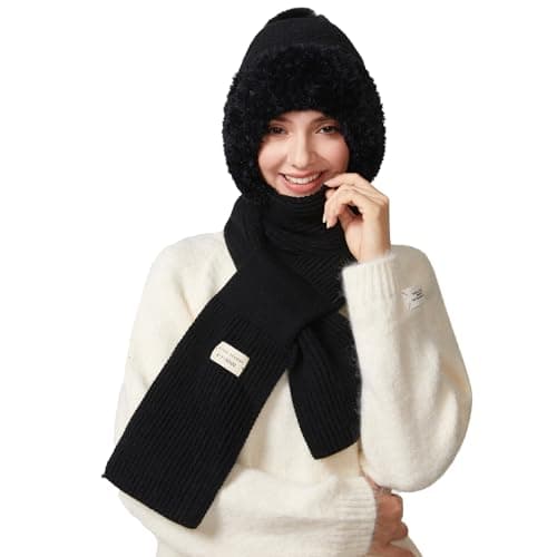 TAGVO Winter Slouch Knit Hat & Scarf Women, Multifunction Thermal Elastic Wooly Snood Hood Beanie Hat in Soft Fleece with Hairball, 2 in 1 Windproof Full Face Mask Neck Warmer Protection For Ladies