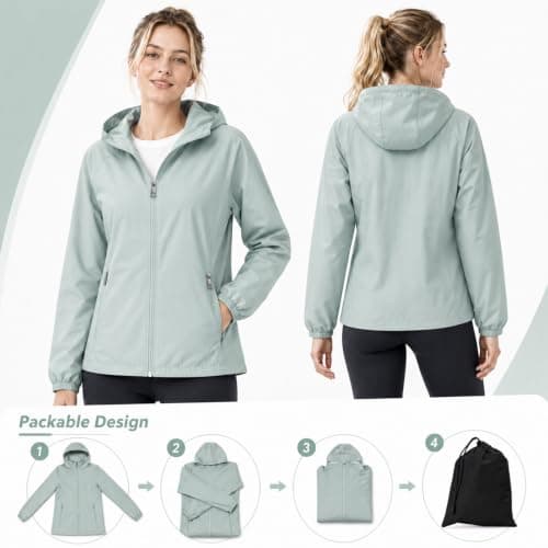 GDOKKNY Women Waterproof Rain Jacket, Lightweight Packable Hooded Raincoat with Storage Pouch, Windproof Rain Coat for Cycling Hiking Commuting Travel — view 5