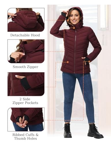 ROYAL MATRIX Women's Packable Puffer Jacket, Lightweight Puffer Jacket Winter Warm Quilted Puffer Jacket with Detachable Hood, Wine Red, Medium — view 5
