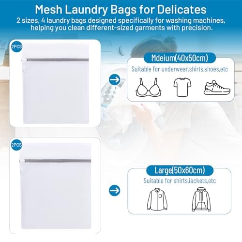 Rainberg Mesh Laundry Bags for Washing Machine, Large 60x50cm and Medium 50x40cm, Durable with Zip Reusable Clothes Washing Bags for Travel and Storage, White, 4 Pack (4 Pack (2L + 2M)) — view 4