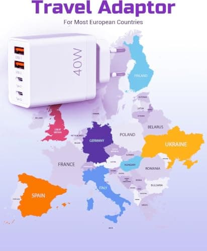 EU travel adapter charger, fast charging 2 USB C and 2 USB A European plugs, European wall adapter with 2 USBA port and 2 Type C ports, Compatible with fast charging of iPhone/Samsung and others — view 6