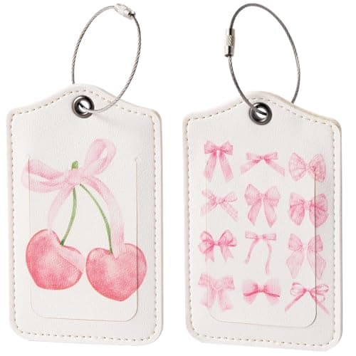 2 Pcs Pink Bow Luggage Tags, Luggage Tags for Suitcases, Trendy Suitcase Tags, Protect Privacy Preventing Loss Travel Accessories Waterproof Name ID Card Tag Set for Backpack Laptop Bag Handbag