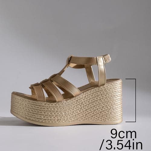 Women's Open Toe Espadrille Platform Wedge Sandals With Adjustable Ankle Strap Summer Casual Lightweight Soft Hollow Out Walking Wedge Sandal Fashion Holiday Outdoor Vacation Going Out Shoes (Gold, 5) — view 4