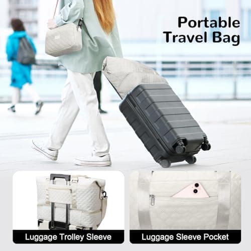 Outplea 55L Travel Bag for Women, Large Overnight Weekender Bag with Shoe Compartment & Wet Pocket, Hospital Holdall with Toiletry Bag, White — view 5