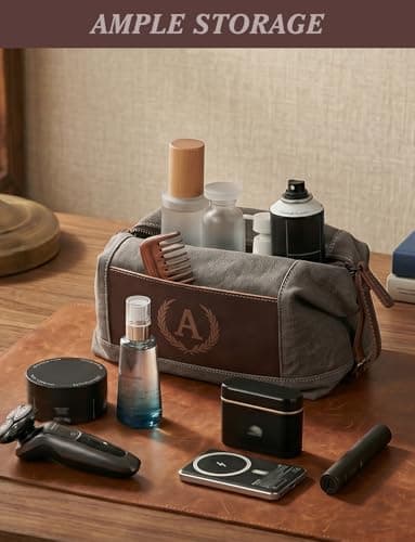 Aganmi Personalized Travel Toiletry Bag Canvas Leather Splicing Dopp Kit, Custom Laser Engraved Initials for Men Husband Father Graduation Groomsmen Gift, Shaving Organizer Pouch B — view 5