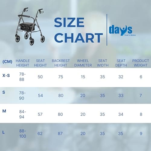 Days Rollator Walker with Seat – Lightweight Walking Aids Rollator, Adjustable Walking Frame with Wheels, Safe-Lock Brakes & Comfort Handles, Folding Mobility Aid for Users 5'1"–5'11" – Small, Blue — view 3