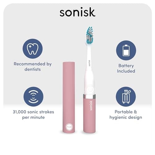 Sonisk Pulse | Battery Powered Electric Toothbrush | Portable Travel Size with Antimicrobial Sonic Technology | 1x Battery, 2X Brush Heads, 1x Travel Case Included (Dusty Pink) — view 3