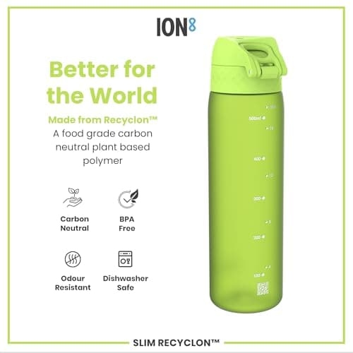 Ion8 Water Bottle, 500 ml/18 oz, Leak Proof, Easy to Open, Secure Lock, Dishwasher Safe, BPA Free, Hygienic Flip Cover, Carry Handle, Fits Cup Holders, Easy Clean, Carbon Neutral, Green — view 5