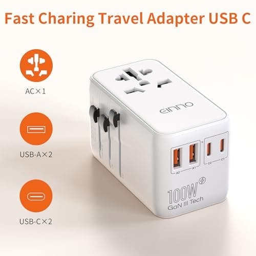 EINNO International Travel Adapter 100W, Universal for EU, USA, UK, Australia - Worldwide Plug Adapter With 2 USB-C and 2 USB-A — view 2
