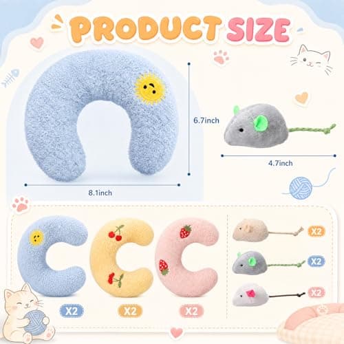Sliner 6 Pack Cat Pillow and Mouse Toy Set, Calming U Shaped Pet Neck Pillows, 8'' Soft Fluffy Chin Rest Sleeping Bed for Small Dogs, Joint Relief Cervical Support, Indoor Outdoor Use — view 2