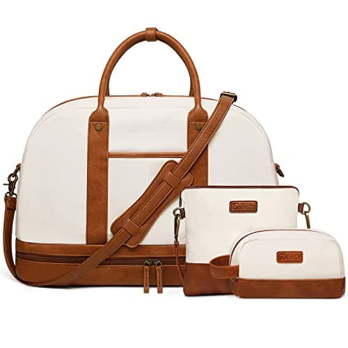 Canvas Overnight Duffle Bag - Large Travel Bag with Shoe Compartment, Perfect for Women's Travel or Daily Use - 3Pc Set Beige