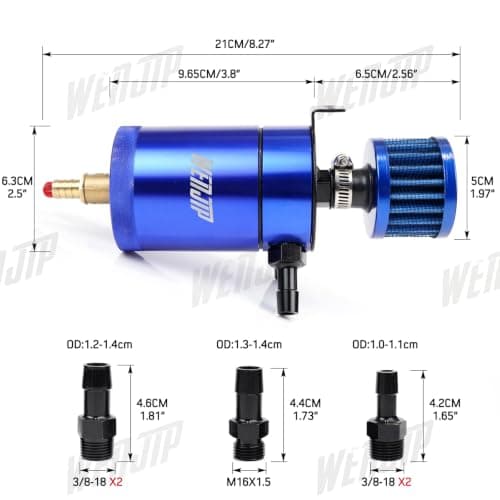 WENJTP Oil Catch Can Kit with 4 Adapters + Breather Filter Drain Valve Plug 2 Ports (1 oulet + 1 inlet) 150ml Universal Aluminum Baffled Oil Reservoir Tank Oil Separator (Blue) — view 2